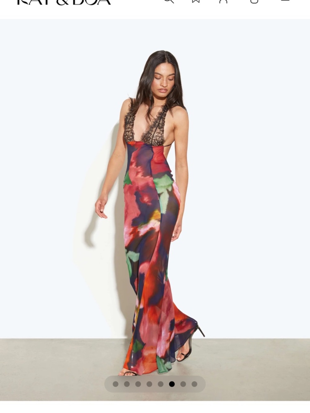 Rat & Boa Multicolor Floral-Print Satin Maxi Dress with Black Lace Trim